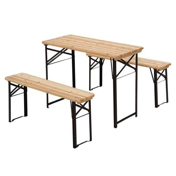 Table de Camping Pique-Nique Pliable Portable + 2 bancs Pliables métal époxy Noir Bois Massif Sapin
