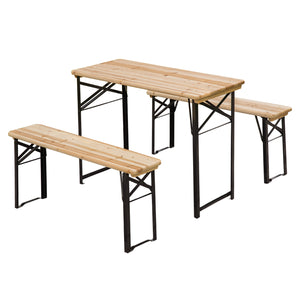 Table de Camping Pique-Nique Pliable Portable + 2 bancs Pliables métal époxy Noir Bois Massif Sapin