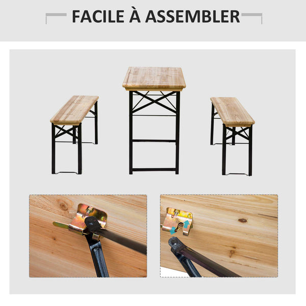 Table de Camping Pique-Nique Pliable Portable + 2 bancs Pliables métal époxy Noir Bois Massif Sapin
