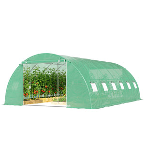 Serre Tunnel 395 x 595 x 199 cm avec 2 Barres de Support, 2 Portes Roulantes et 12 Fenêtres en Maille, Serre de Jardin avec Couverture en PE, Vert