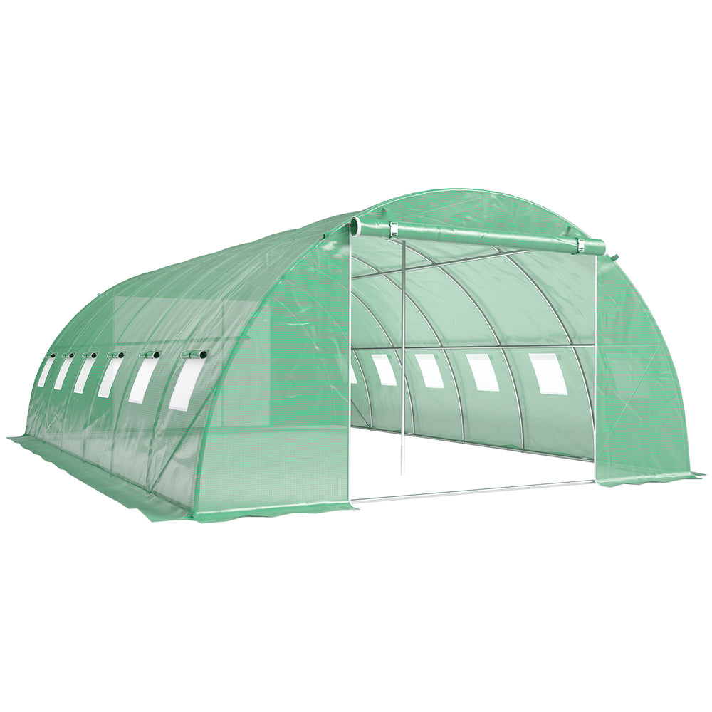 Serre Tunnel 395 x 595 x 199 cm avec 2 Barres de Support, 2 Portes Roulantes et 12 Fenêtres en Maille, Serre de Jardin avec Couverture en PE, Vert