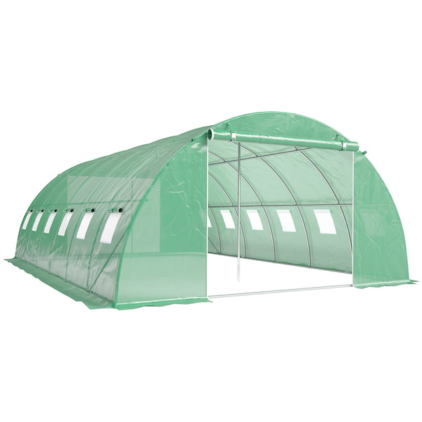 Serre Tunnel 395 x 595 x 199 cm avec 2 Barres de Support, 2 Portes Roulantes et 12 Fenêtres en Maille, Serre de Jardin avec Couverture en PE, Vert