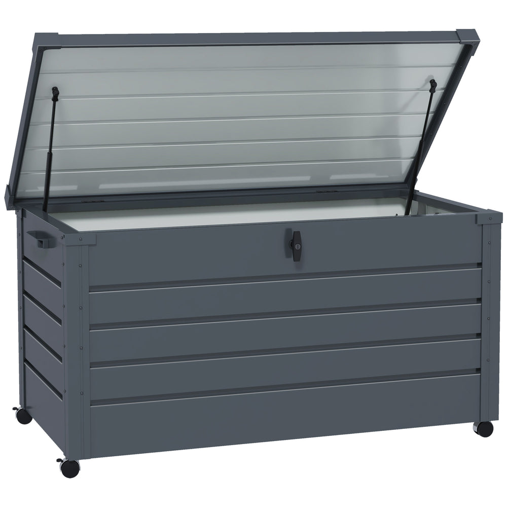 Coffre de rangement extérieur 311L coffre de jardin avec vérin à gaz, roulettes et poignée, en acier galvanisé, 120x62x66 cm, gris