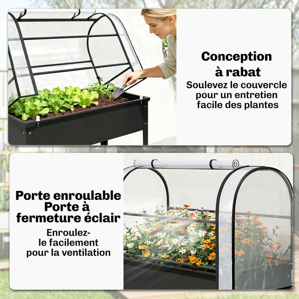 Potager sur Pieds avec Serre Rabattable, Jardinière Surélevée en Métal avec Volume 97L, Trou de Drainage, pour Plantes Fleurs Légumes, 100 x 49 x 136 cm, Noir