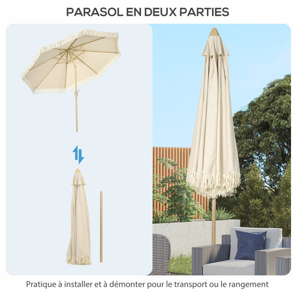 Parasol droit de jardin inclinable parasol avec manivelle à franges mât en métal style bohème 8 baleines Ø 265 x 244 cm crème