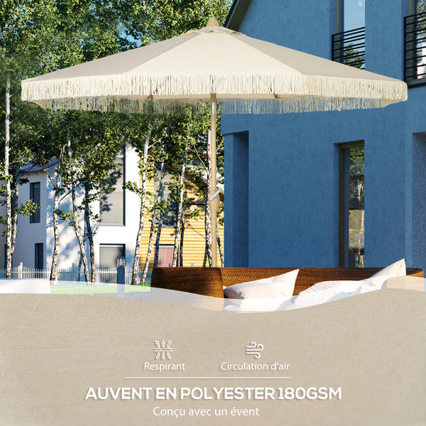 Parasol droit de jardin inclinable parasol avec manivelle à franges mât en métal style bohème 8 baleines Ø 265 x 244 cm crème