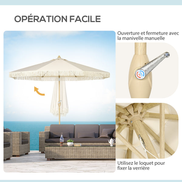 Parasol droit de jardin inclinable parasol avec manivelle à franges mât en métal style bohème 8 baleines Ø 265 x 244 cm crème