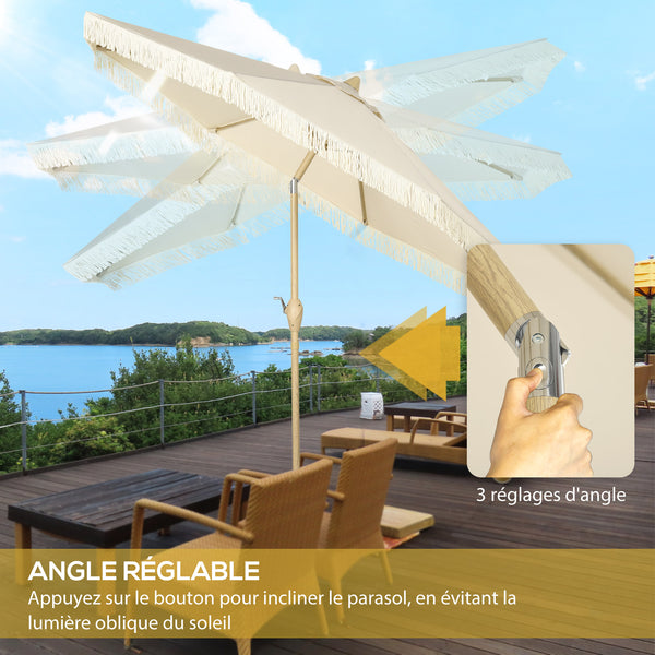 Parasol droit de jardin inclinable parasol avec manivelle à franges mât en métal style bohème 8 baleines Ø 265 x 244 cm crème
