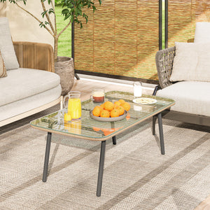 Table basse de jardin en résine tressée avec plateau verre trempé 5 mm, table d'appoint pour extérieur, jardin, terrasse, patio, balcon, cadre en acier 110 x 60 x 40 cm, effet bois naturel