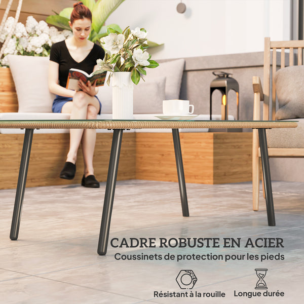 Table basse de jardin en résine tressée avec plateau verre trempé 5 mm, table d'appoint pour extérieur, jardin, terrasse, patio, balcon, cadre en acier 110 x 60 x 40 cm, effet bois naturel