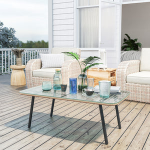 Table basse de jardin en résine tressée avec plateau verre trempé 5 mm, table d'appoint pour extérieur, jardin, terrasse, patio, balcon, cadre en acier 110 x 60 x 40 cm, effet bois naturel
