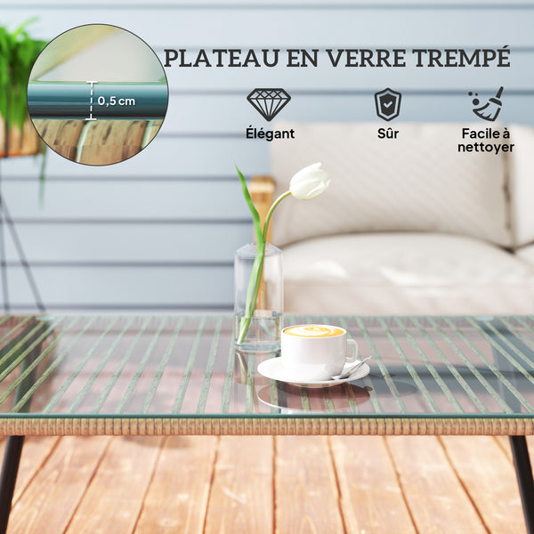 Table basse de jardin en résine tressée avec plateau verre trempé 5 mm, table d'appoint pour extérieur, jardin, terrasse, patio, balcon, cadre en acier 110 x 60 x 40 cm, effet bois naturel