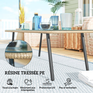 Table basse de jardin en résine tressée avec plateau verre trempé 5 mm, table d'appoint pour extérieur, jardin, terrasse, patio, balcon, cadre en acier 110 x 60 x 40 cm, effet bois naturel