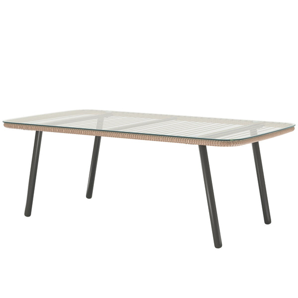 Table basse de jardin en résine tressée avec plateau verre trempé 5 mm, table d'appoint pour extérieur, jardin, terrasse, patio, balcon, cadre en acier 110 x 60 x 40 cm, effet bois naturel