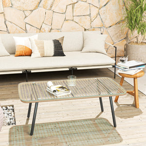 Table basse de jardin en résine tressée avec plateau verre trempé 5 mm, table d'appoint pour extérieur, jardin, terrasse, patio, balcon, cadre en acier 110 x 60 x 40 cm, effet bois naturel