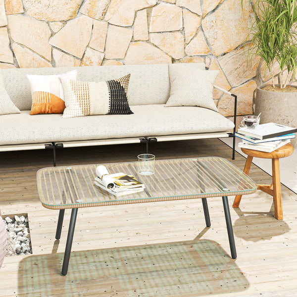 Table basse de jardin en résine tressée avec plateau verre trempé 5 mm, table d'appoint pour extérieur, jardin, terrasse, patio, balcon, cadre en acier 110 x 60 x 40 cm, effet bois naturel