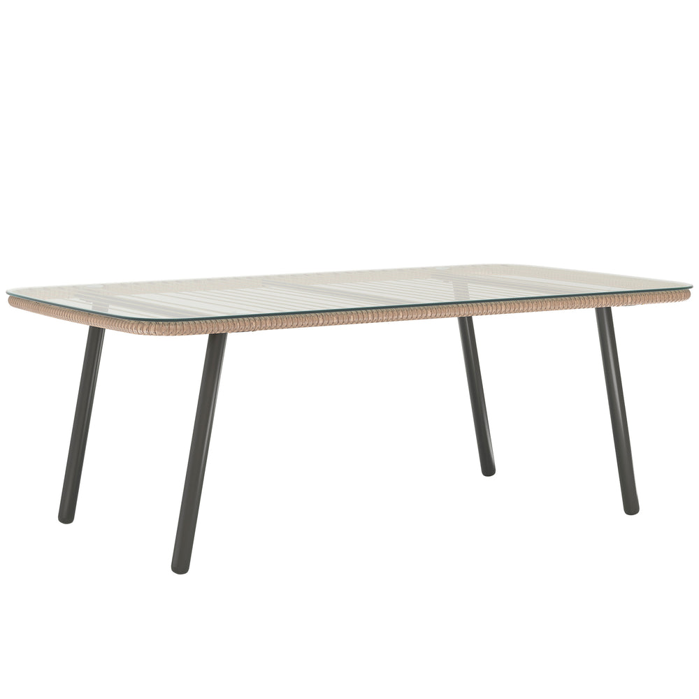 Table basse de jardin en résine tressée avec plateau verre trempé 5 mm, table d'appoint pour extérieur, jardin, terrasse, patio, balcon, cadre en acier 110 x 60 x 40 cm, effet bois naturel