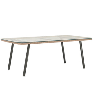 Table basse de jardin en résine tressée avec plateau verre trempé 5 mm, table d'appoint pour extérieur, jardin, terrasse, patio, balcon, cadre en acier 110 x 60 x 40 cm, effet bois naturel