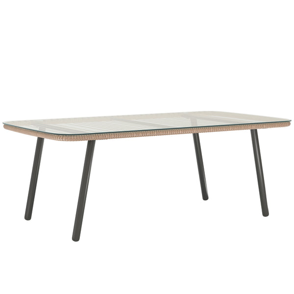 Table basse de jardin en résine tressée avec plateau verre trempé 5 mm, table d'appoint pour extérieur, jardin, terrasse, patio, balcon, cadre en acier 110 x 60 x 40 cm, effet bois naturel