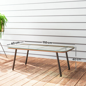 Table basse de jardin en résine tressée avec plateau verre trempé 5 mm, table d'appoint pour extérieur, jardin, terrasse, patio, balcon, cadre en acier 110 x 60 x 40 cm, effet bois naturel