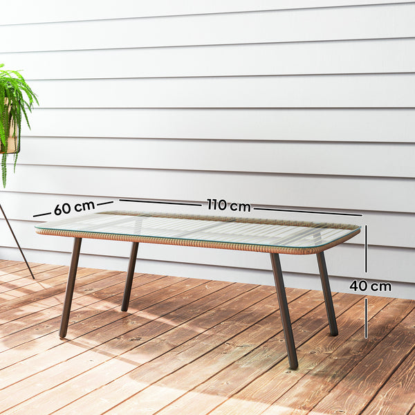Table basse de jardin en résine tressée avec plateau verre trempé 5 mm, table d'appoint pour extérieur, jardin, terrasse, patio, balcon, cadre en acier 110 x 60 x 40 cm, effet bois naturel