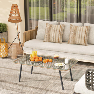 Table basse de jardin en résine tressée avec plateau verre trempé 5 mm, table d'appoint pour extérieur, jardin, terrasse, patio, balcon, cadre en acier 110 x 60 x 40 cm, effet bois naturel