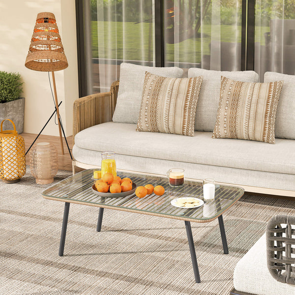 Table basse de jardin en résine tressée avec plateau verre trempé 5 mm, table d'appoint pour extérieur, jardin, terrasse, patio, balcon, cadre en acier 110 x 60 x 40 cm, effet bois naturel