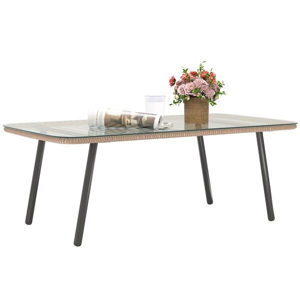 Table basse de jardin en résine tressée avec plateau verre trempé 5 mm, table d'appoint pour extérieur, jardin, terrasse, patio, balcon, cadre en acier 110 x 60 x 40 cm, effet bois naturel