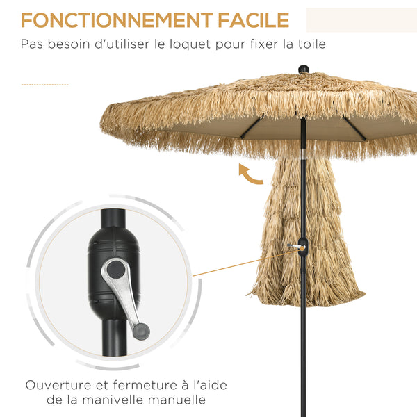 Parasol de jardin extérieur à franges 2,65 m parasol inclinable avec ouverture fermeture manivelle toile 180 g/m², 8 baleines, style Hawaïen pour balcon, piscine, terrasse, kaki