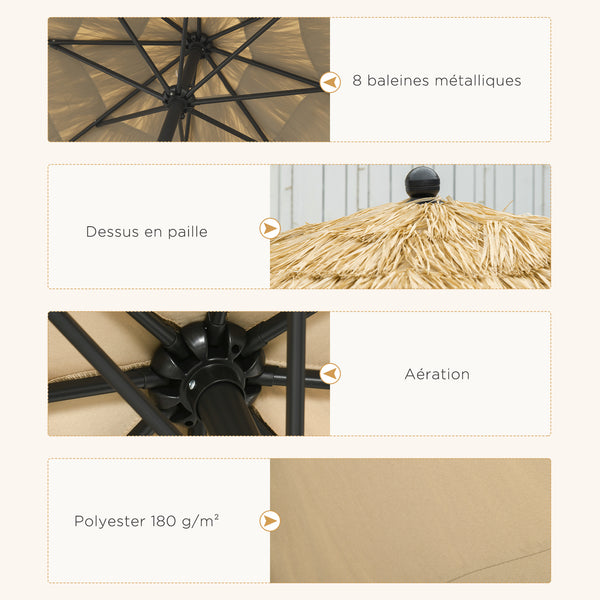 Parasol de jardin extérieur à franges 2,65 m parasol inclinable avec ouverture fermeture manivelle toile 180 g/m², 8 baleines, style Hawaïen pour balcon, piscine, terrasse, kaki