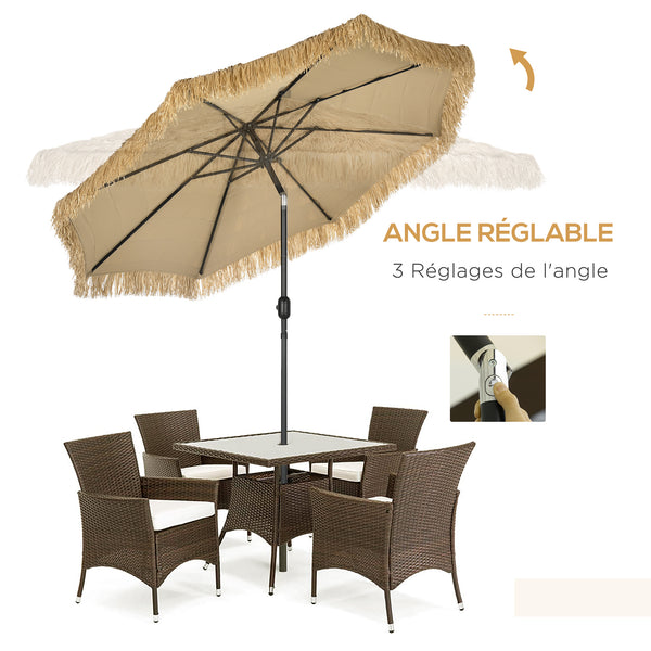 Parasol de jardin extérieur à franges 2,65 m parasol inclinable avec ouverture fermeture manivelle toile 180 g/m², 8 baleines, style Hawaïen pour balcon, piscine, terrasse, kaki