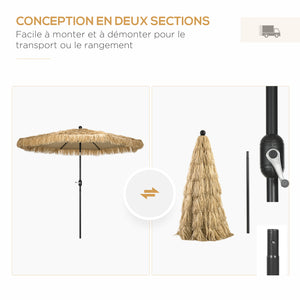 Parasol de jardin extérieur à franges 2,65 m parasol inclinable avec ouverture fermeture manivelle toile 180 g/m², 8 baleines, style Hawaïen pour balcon, piscine, terrasse, kaki