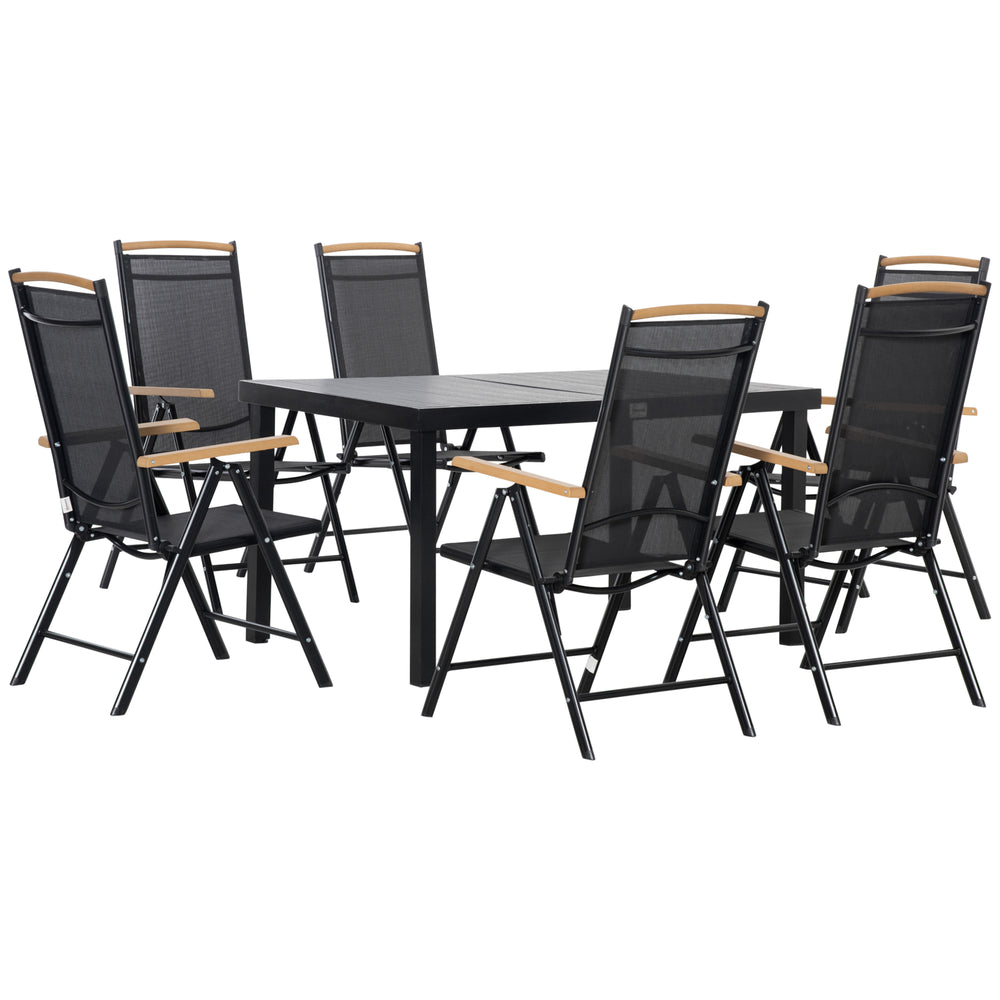 Salon de jardin extérieur 6 personnes, table de jardin extérieure avec 6 chaises, cadre en aluminium, table 140 CM, chaises pliables et inclinables, mobilier de terrasse, patio, noir