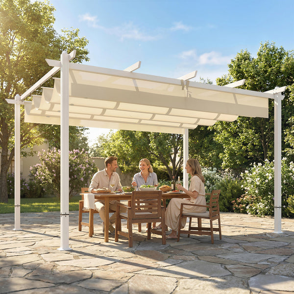 Pergola de Jardin 4 x 3 m avec Toit Rétractable, Gazebo Autoportant avec Trous de Drainage, Protection Solaire UPF30+, Beige