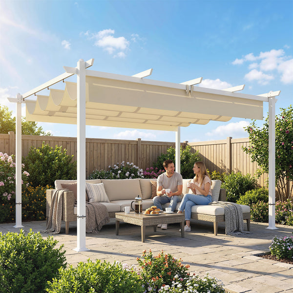 Pergola de Jardin 4 x 3 m avec Toit Rétractable, Gazebo Autoportant avec Trous de Drainage, Protection Solaire UPF30+, Beige