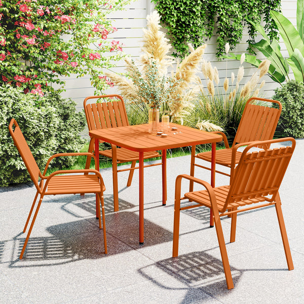 Lot de 4 chaises de jardin chaises empilables d'extérieur avec haut dossier et accoudoirs, cadre en acier pour jardin, piscine, terrasse, orange