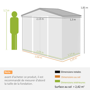 Abri de jardin en métal 2,77 m² cabane de jardin 213 x 130 x 185 cm cabanon rangement outils avec fondation, porte coulissante verrouillables, 4 aérations et lucarne - gris foncé