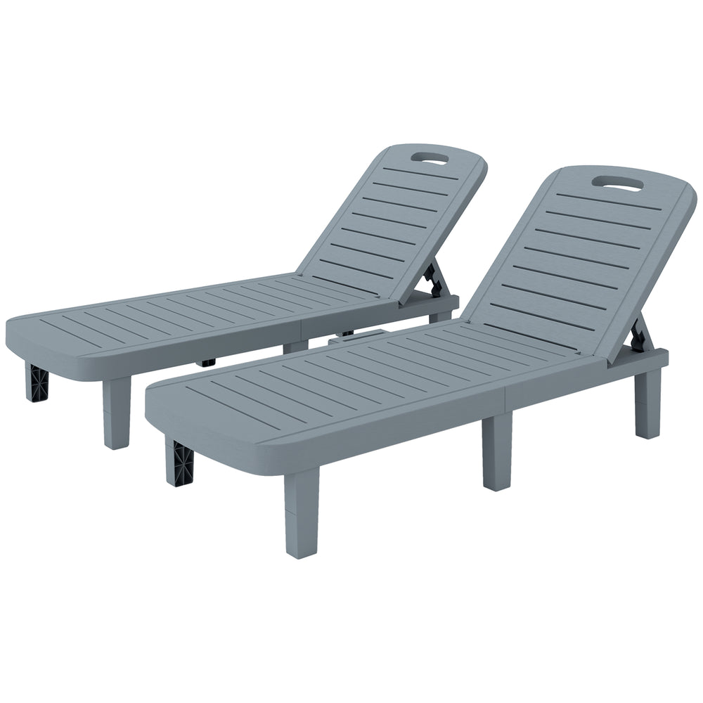 Lot de 2 bain de soleil, chaise longue avec plateaux rétractables, transat jardin extérieur inclinable, surface effet bois pour plage relax camping piscine terrasse, 62 x 158 x 88 cm, gris