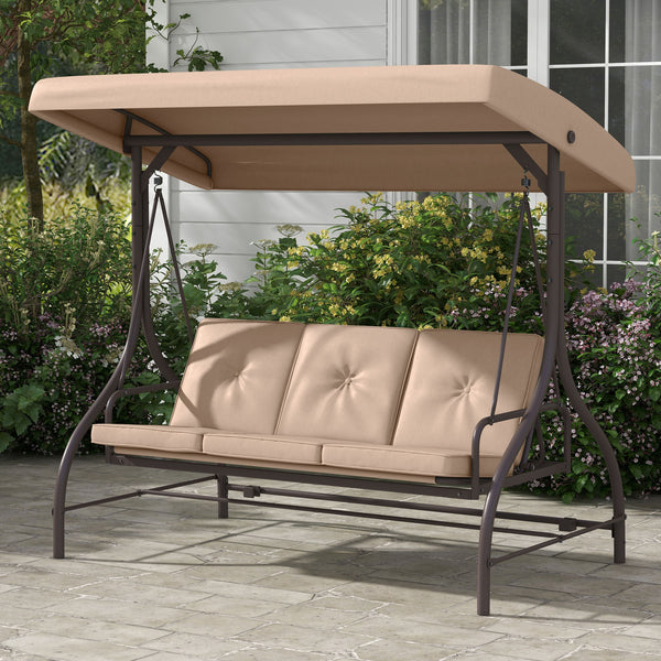 Balancelle de jardin convertible 3 places grand confort avec coussins toit réglable dim. 197L x 120l x 180H cm métal polyester kaki