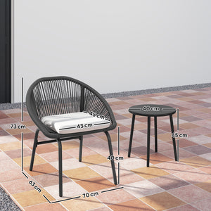 Ensemble salon de jardin 3 pièces pour 2 personnes avec coussins d'assise moelleux avec corde en résine tressée et acier époxy noir