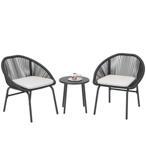 Ensemble salon de jardin 3 pièces pour 2 personnes avec coussins d'assise moelleux avec corde en résine tressée et acier époxy noir