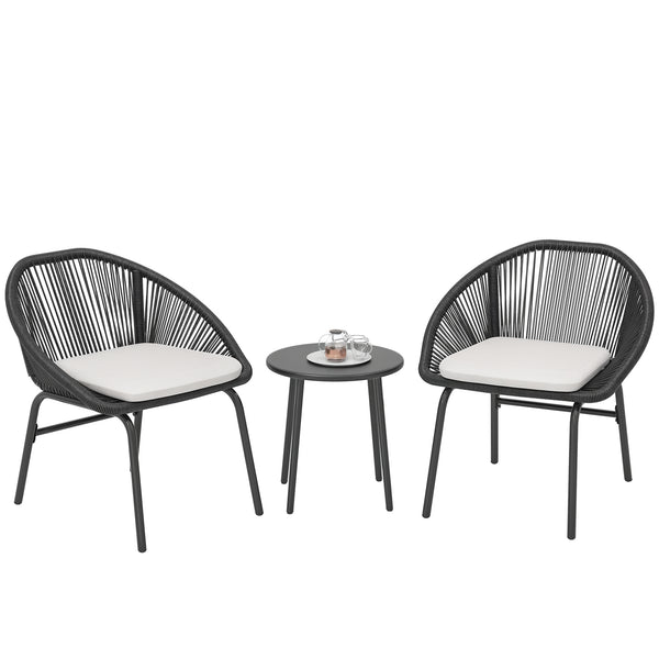 Ensemble salon de jardin 3 pièces pour 2 personnes avec coussins d'assise moelleux avec corde en résine tressée et acier époxy noir