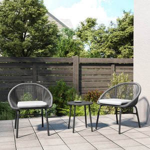 Ensemble salon de jardin 3 pièces pour 2 personnes avec coussins d'assise moelleux avec corde en résine tressée et acier époxy noir