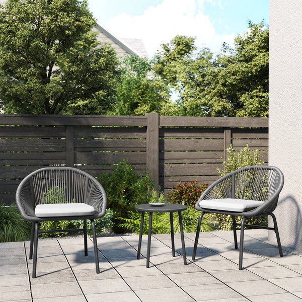 Ensemble salon de jardin 3 pièces pour 2 personnes avec coussins d'assise moelleux avec corde en résine tressée et acier époxy noir