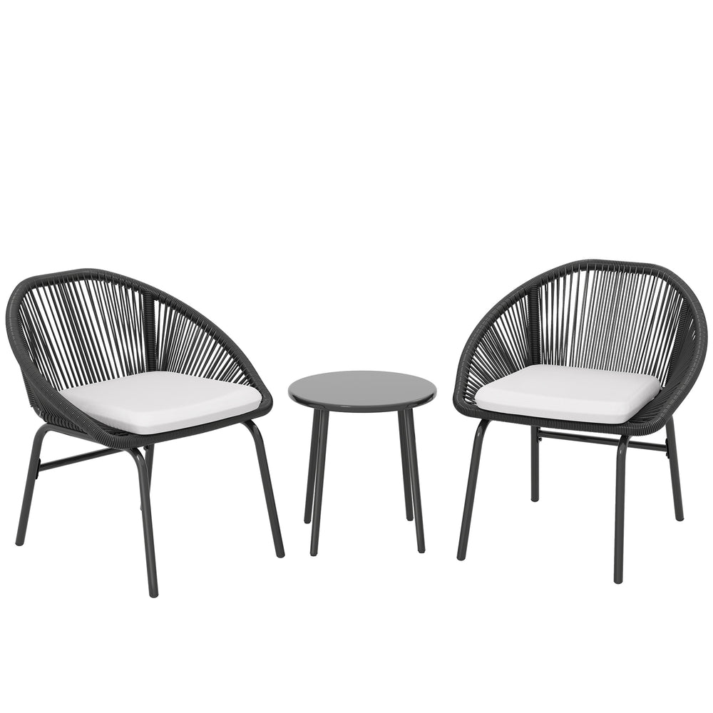 Ensemble salon de jardin 3 pièces pour 2 personnes avec coussins d'assise moelleux avec corde en résine tressée et acier époxy noir