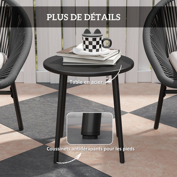 Ensemble salon de jardin 3 pièces pour 2 personnes avec coussins d'assise moelleux avec corde en résine tressée et acier époxy noir