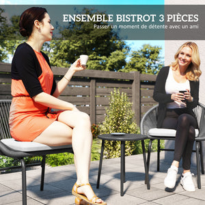 Ensemble salon de jardin 3 pièces pour 2 personnes avec coussins d'assise moelleux avec corde en résine tressée et acier époxy noir