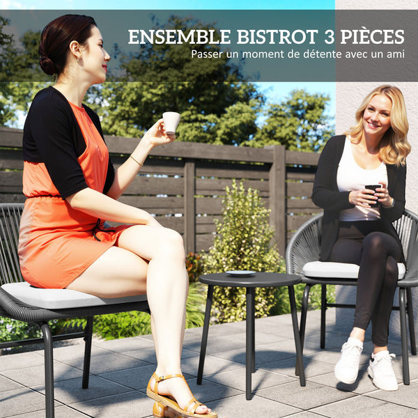 Ensemble salon de jardin 3 pièces pour 2 personnes avec coussins d'assise moelleux avec corde en résine tressée et acier époxy noir