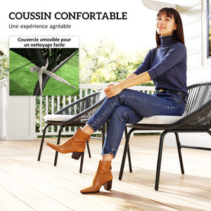 Ensemble salon de jardin 3 pièces pour 2 personnes avec coussins d'assise moelleux avec corde en résine tressée et acier époxy noir