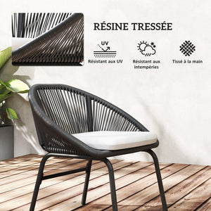 Ensemble salon de jardin 3 pièces pour 2 personnes avec coussins d'assise moelleux avec corde en résine tressée et acier époxy noir